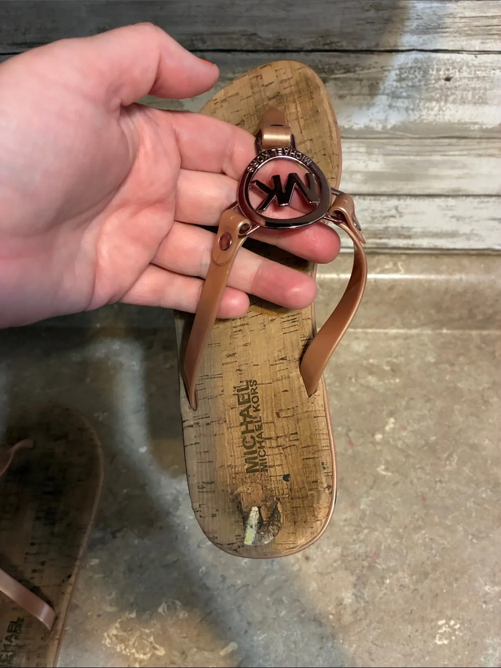Michael Kors Rose Gold Logo Thong Sandals Jelly and Cork Size 9